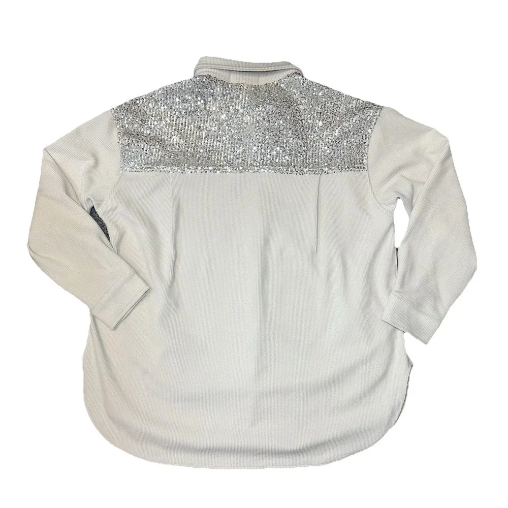 Bad Little Country Girl Women LARGE Ivory Silver Sequin Oversized Ribbed Shacket